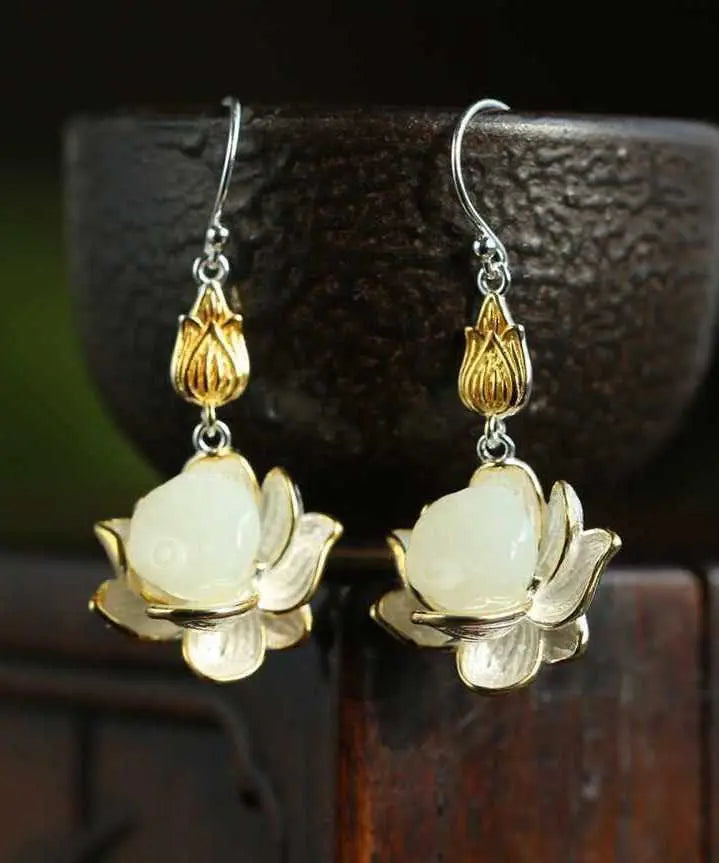 Beautiful White Sterling Silver Jade Lotus Drop Earrings Ada Fashion