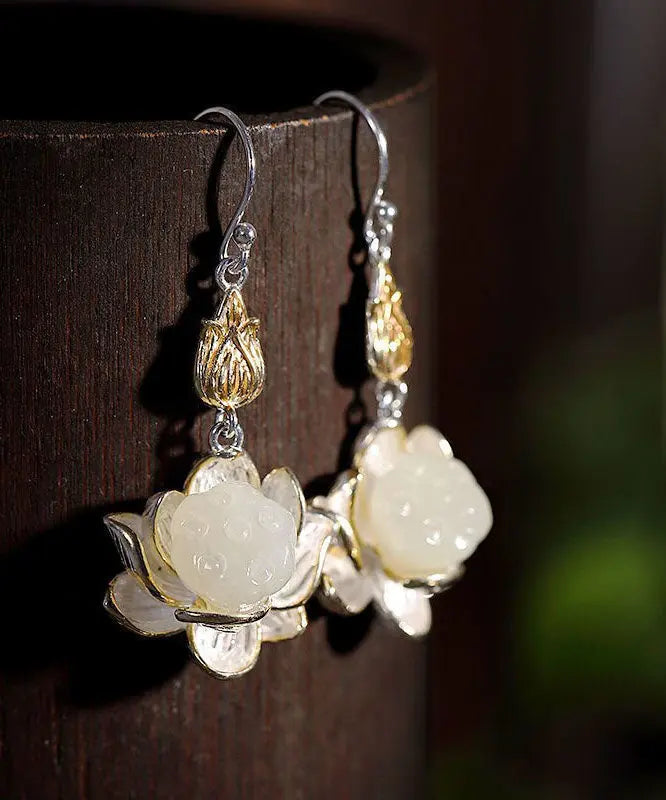 Beautiful White Sterling Silver Jade Lotus Drop Earrings Ada Fashion