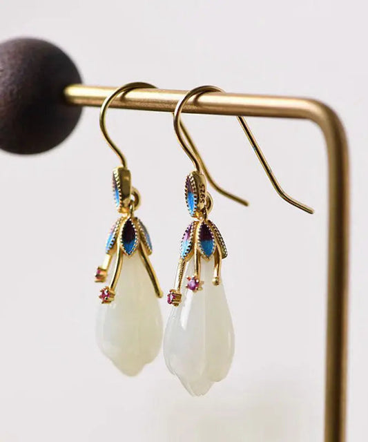 Beautiful White Sterling Silver Overgild Inlaid Jade Cloisonne Orchid Drop Earrings Ada Fashion