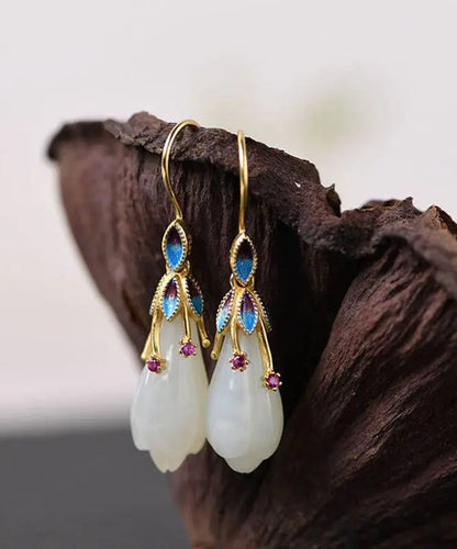 Beautiful White Sterling Silver Overgild Inlaid Jade Cloisonne Orchid Drop Earrings Ada Fashion