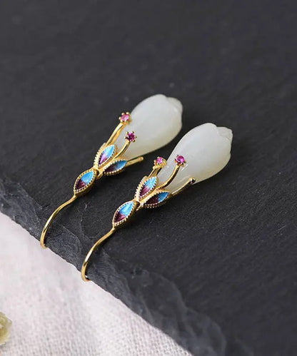 Beautiful White Sterling Silver Overgild Inlaid Jade Cloisonne Orchid Drop Earrings Ada Fashion