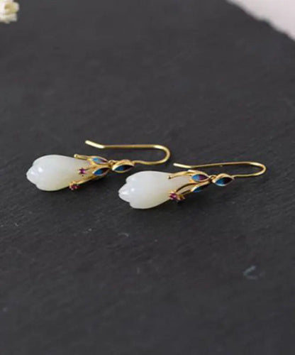 Beautiful White Sterling Silver Overgild Inlaid Jade Cloisonne Orchid Drop Earrings Ada Fashion