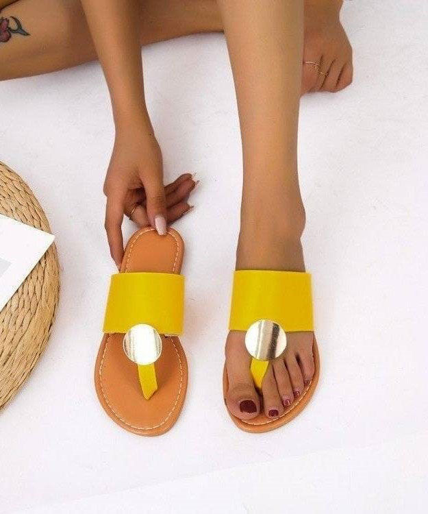 Beautiful Yellow Faux Leather Flip Flops Sandals Splicing Sequined LY2695 - fabuloryshop