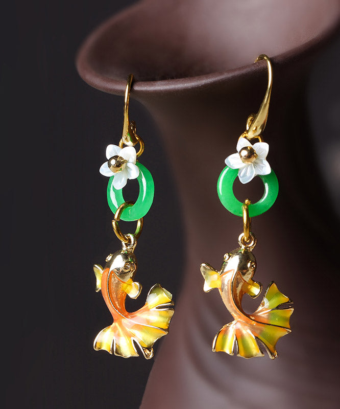 Beautiful Yellow Green Cloisonne Shell Flower Chalcedony Goldfish Drop Earrings LY2220 - fabuloryshop