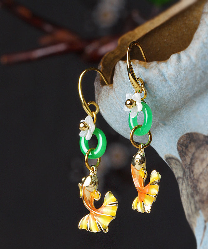 Beautiful Yellow Green Cloisonne Shell Flower Chalcedony Goldfish Drop Earrings LY2220 - fabuloryshop