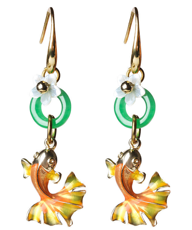 Beautiful Yellow Green Cloisonne Shell Flower Chalcedony Goldfish Drop Earrings LY2220 - fabuloryshop