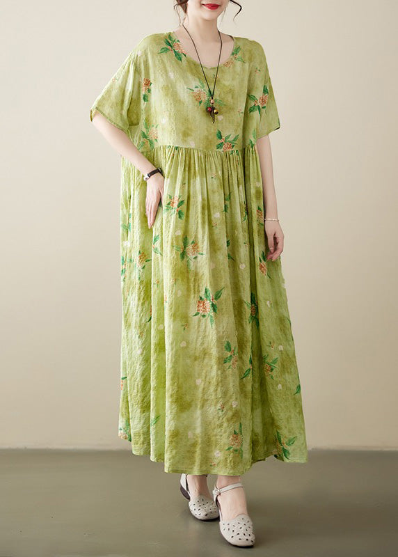 Beautiful Yellow Green Print Wrinkled Cotton Long Dress Summer Ada Fashion