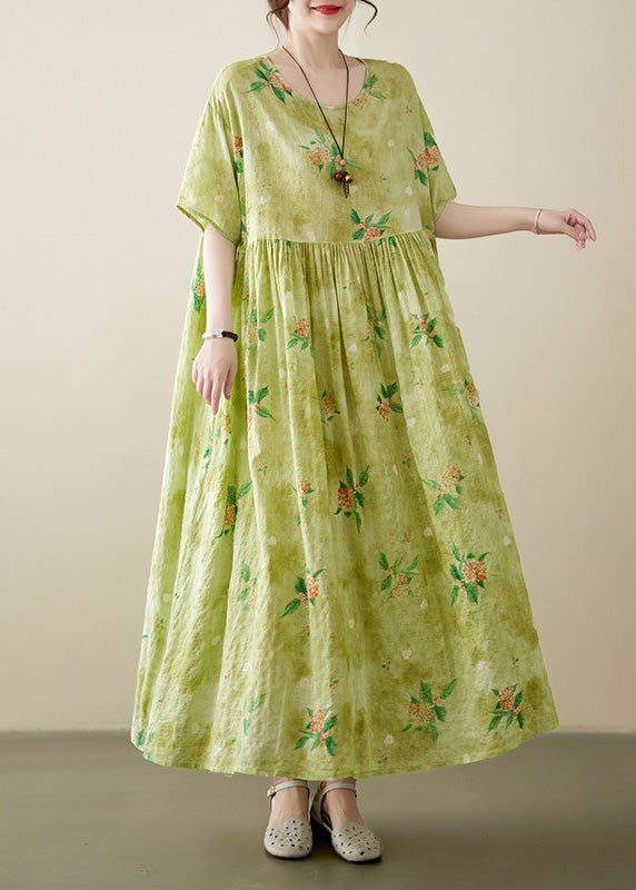 Beautiful Yellow Green Print Wrinkled Cotton Long Dress Summer Ada Fashion