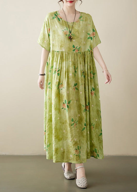 Beautiful Yellow Green Print Wrinkled Cotton Long Dress Summer Ada Fashion