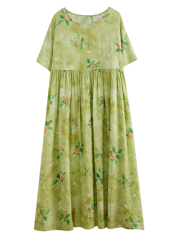 Beautiful Yellow Green Print Wrinkled Cotton Long Dress Summer Ada Fashion