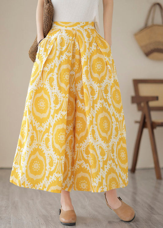 Beautiful Yellow High Waist Pockets Print Crop Pants Skirt Summer LY2958 - fabuloryshop