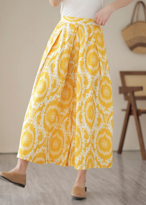 Beautiful Yellow High Waist Pockets Print Crop Pants Skirt Summer LY2958 - fabuloryshop