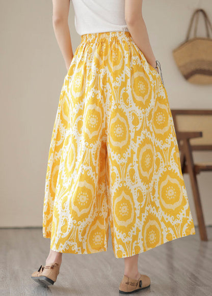 Beautiful Yellow High Waist Pockets Print Crop Pants Skirt Summer LY2958 - fabuloryshop