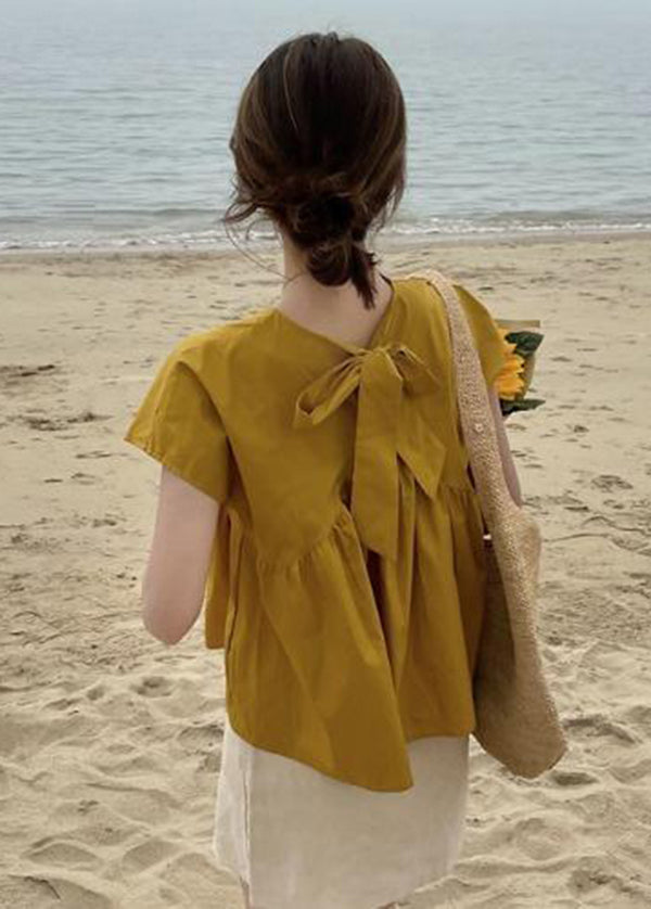 Beautiful Yellow O-Neck Patchwork Bow Cotton Shirt Top Short Sleeve LY2619 - fabuloryshop