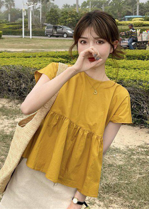 Beautiful Yellow O-Neck Patchwork Bow Cotton Shirt Top Short Sleeve LY2619 - fabuloryshop