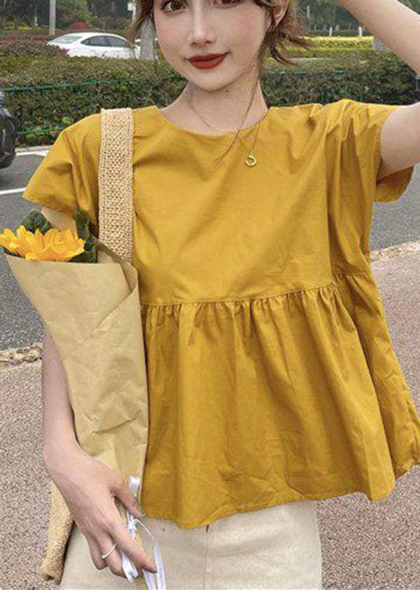 Beautiful Yellow O-Neck Patchwork Bow Cotton Shirt Top Short Sleeve LY2619 - fabuloryshop