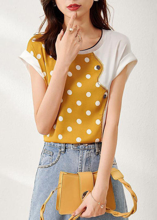 Beautiful Yellow O Neck Patchwork Print Silk Top Summer LY0084 - fabuloryshop