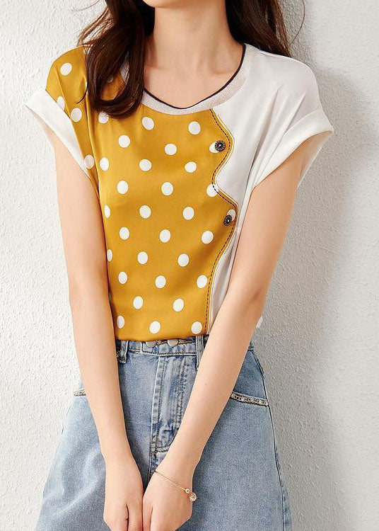 Beautiful Yellow O Neck Patchwork Print Silk Top Summer LY0084 - fabuloryshop