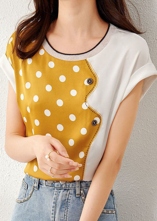 Beautiful Yellow O Neck Patchwork Print Silk Top Summer LY0084 - fabuloryshop