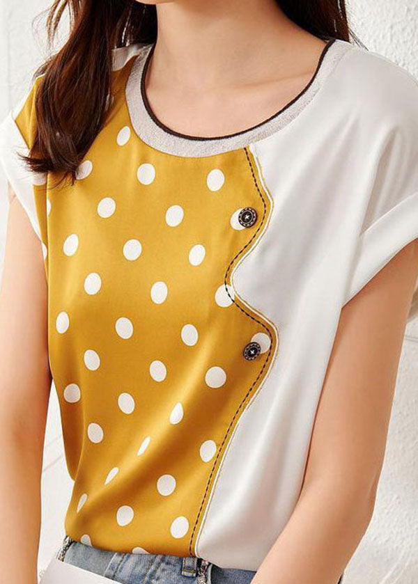 Beautiful Yellow O Neck Patchwork Print Silk Top Summer LY0084 - fabuloryshop