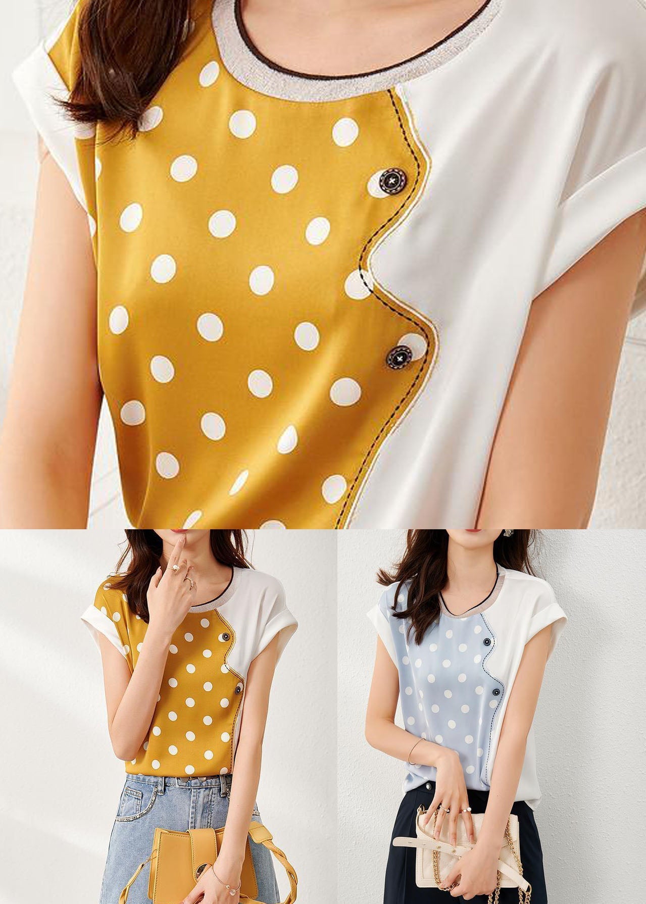 Beautiful Yellow O Neck Patchwork Print Silk Top Summer LY0084 - fabuloryshop