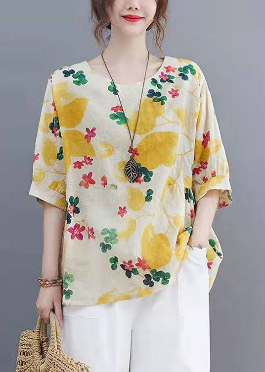 Beautiful Yellow O Neck Print Patchwork Linen Tops Summer LY4046 - fabuloryshop