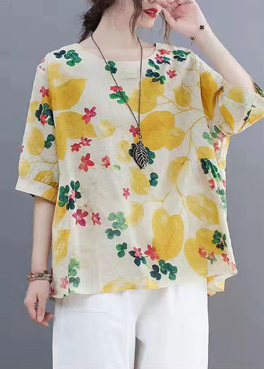 Beautiful Yellow O Neck Print Patchwork Linen Tops Summer LY4046 - fabuloryshop