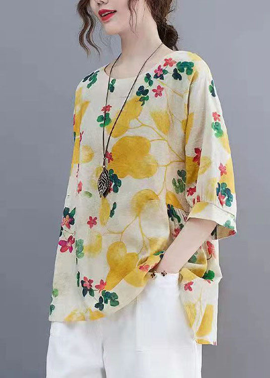 Beautiful Yellow O Neck Print Patchwork Linen Tops Summer LY4046 - fabuloryshop