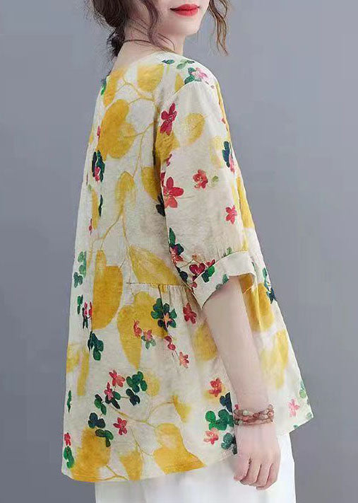 Beautiful Yellow O Neck Print Patchwork Linen Tops Summer LY4046 - fabuloryshop