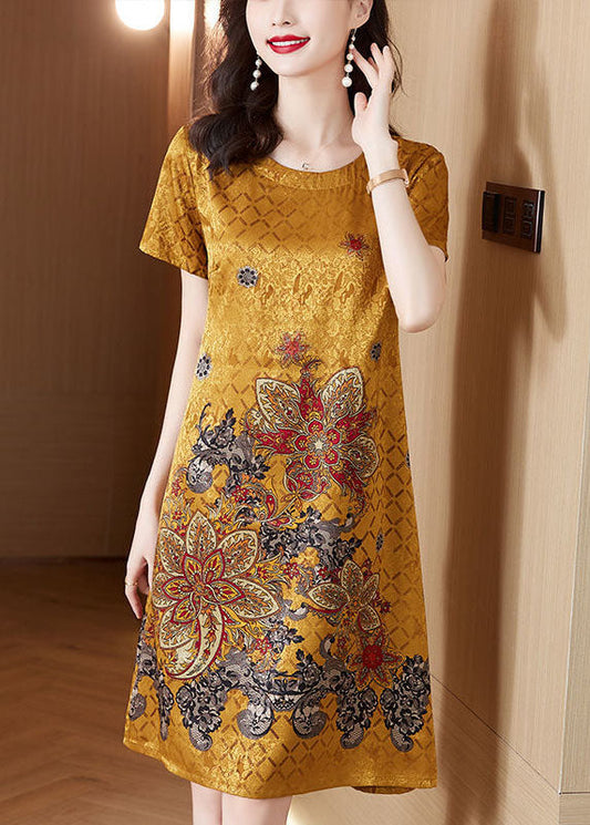 Beautiful Yellow O-Neck Print Silk Robe Dresses Summer TH1014 - fabuloryshop