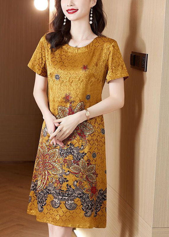 Beautiful Yellow O-Neck Print Silk Robe Dresses Summer TH1014 - fabuloryshop