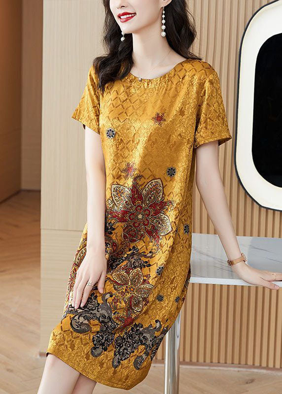 Beautiful Yellow O-Neck Print Silk Robe Dresses Summer TH1014 - fabuloryshop