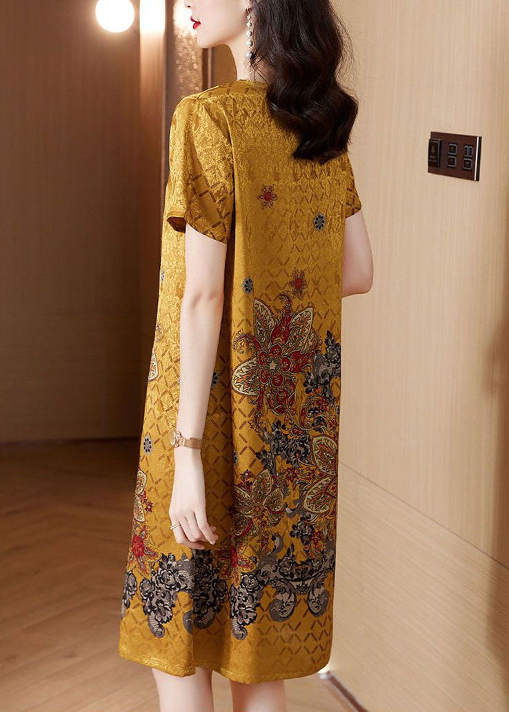 Beautiful Yellow O-Neck Print Silk Robe Dresses Summer TH1014 - fabuloryshop