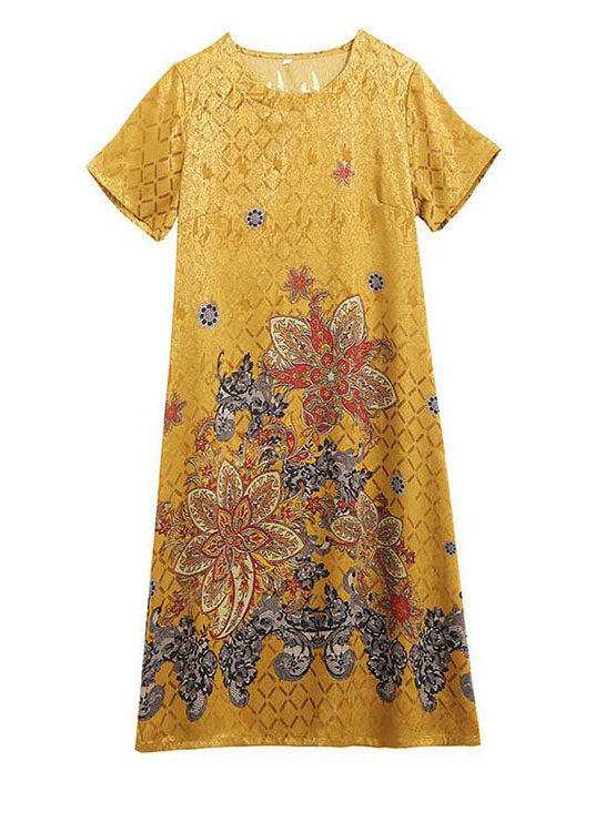 Beautiful Yellow O-Neck Print Silk Robe Dresses Summer TH1014 - fabuloryshop