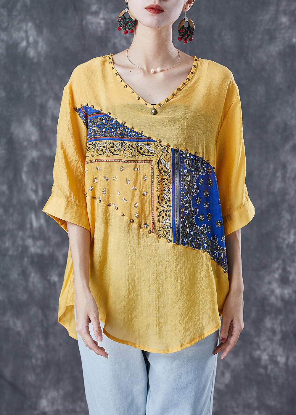 Beautiful Yellow Oversized Patchwork Rivet Cotton Tank Summer Ada Fashion