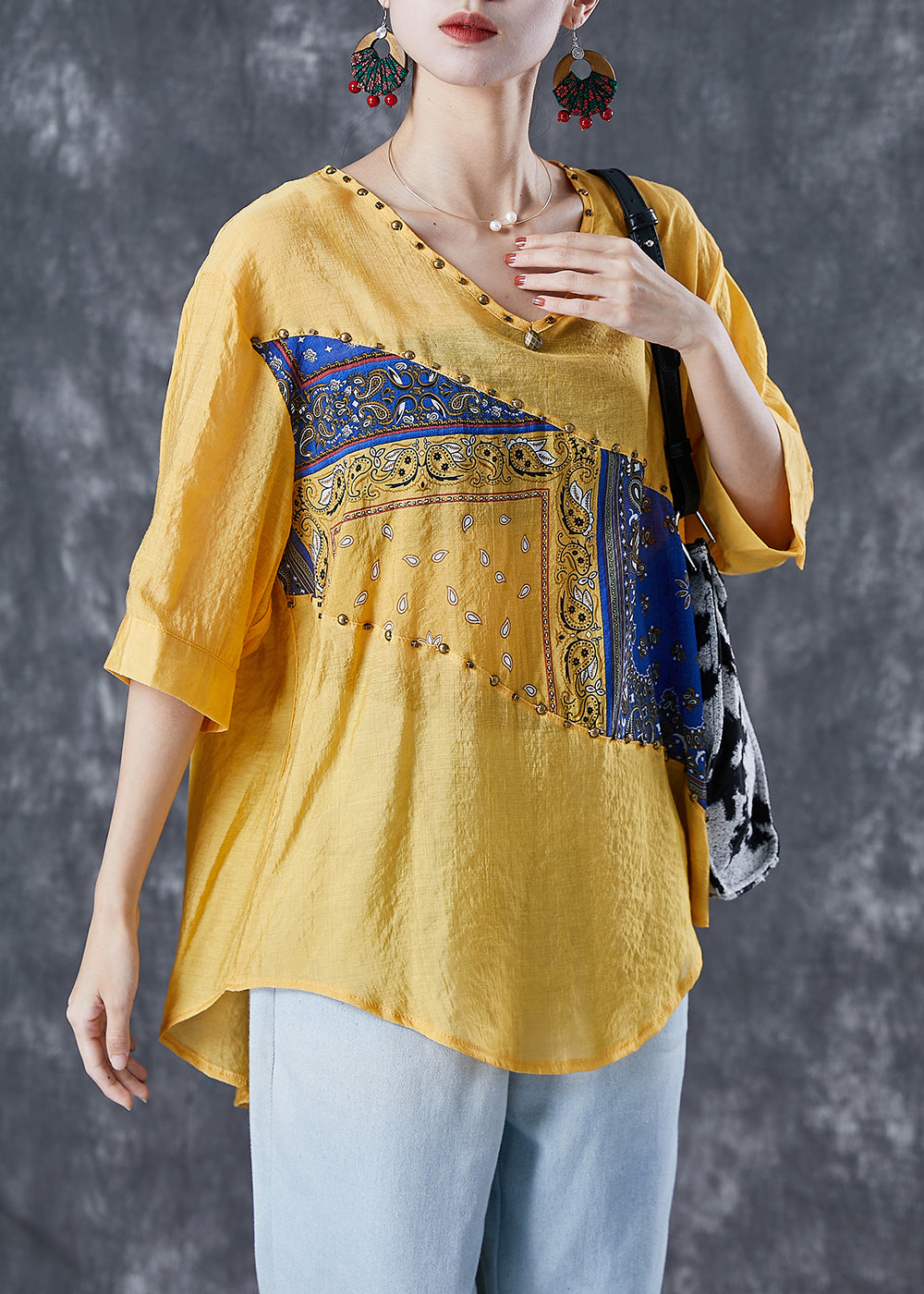 Beautiful Yellow Oversized Patchwork Rivet Cotton Tank Summer Ada Fashion