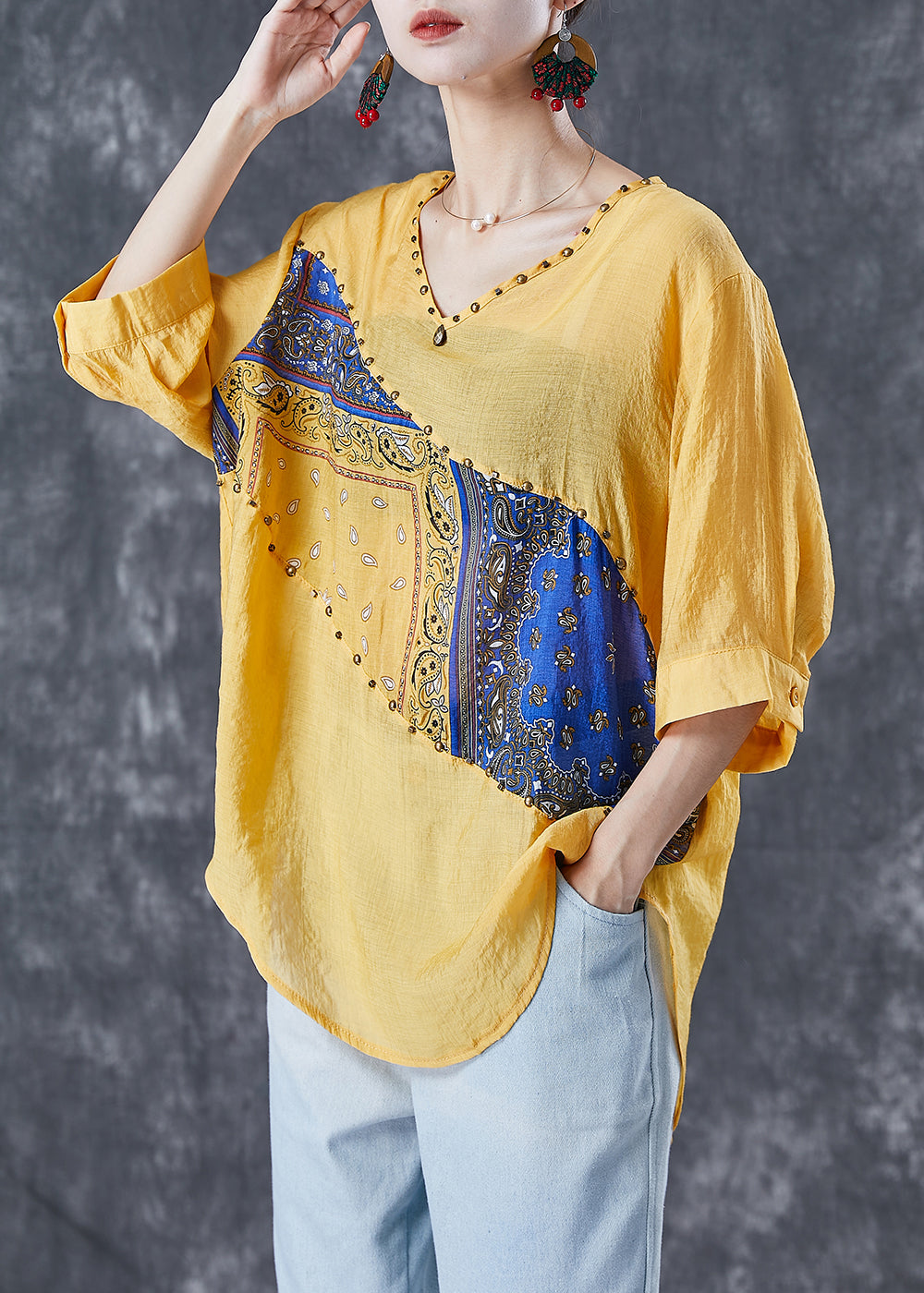 Beautiful Yellow Oversized Patchwork Rivet Cotton Tank Summer Ada Fashion