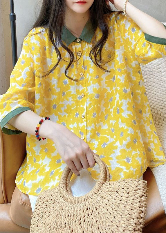 Beautiful Yellow Peter Pan Collar Print Linen Shirt Tops Bracelet Sleeve LY2852