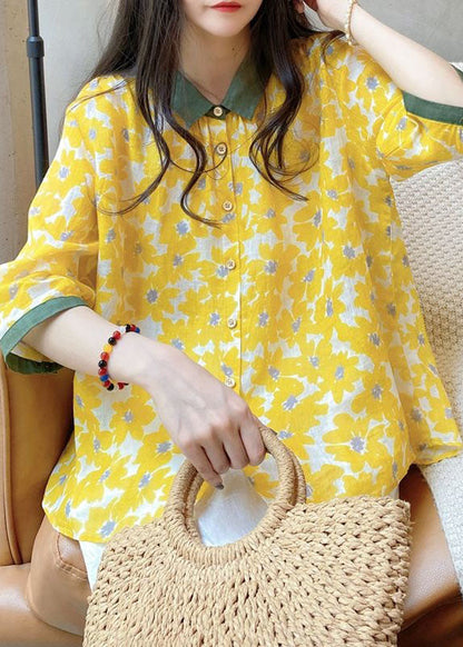 Beautiful Yellow Peter Pan Collar Print Linen Shirt Tops Bracelet Sleeve LY2852 - fabuloryshop