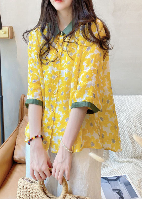 Beautiful Yellow Peter Pan Collar Print Linen Shirt Tops Bracelet Sleeve LY2852 - fabuloryshop