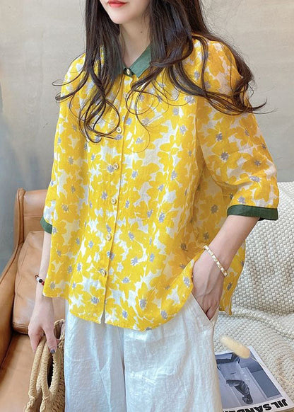 Beautiful Yellow Peter Pan Collar Print Linen Shirt Tops Bracelet Sleeve LY2852 - fabuloryshop