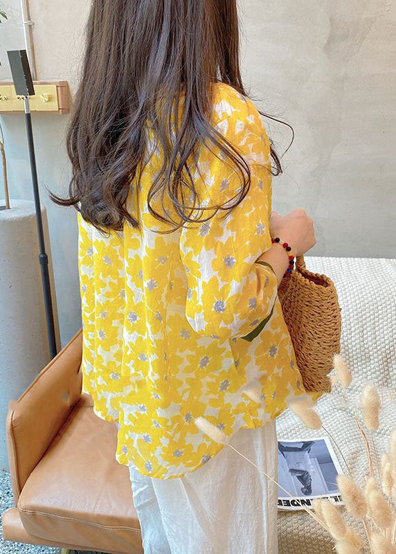 Beautiful Yellow Peter Pan Collar Print Linen Shirt Tops Bracelet Sleeve LY2852 - fabuloryshop