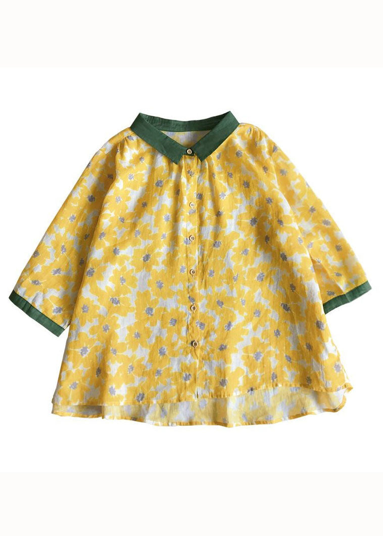 Beautiful Yellow Peter Pan Collar Print Linen Shirt Tops Bracelet Sleeve LY2852 - fabuloryshop