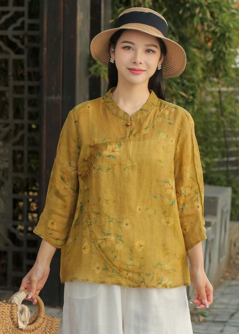 Beautiful Yellow Stand Collar Print Patchwork Linen Blouse Top Spring LY2498