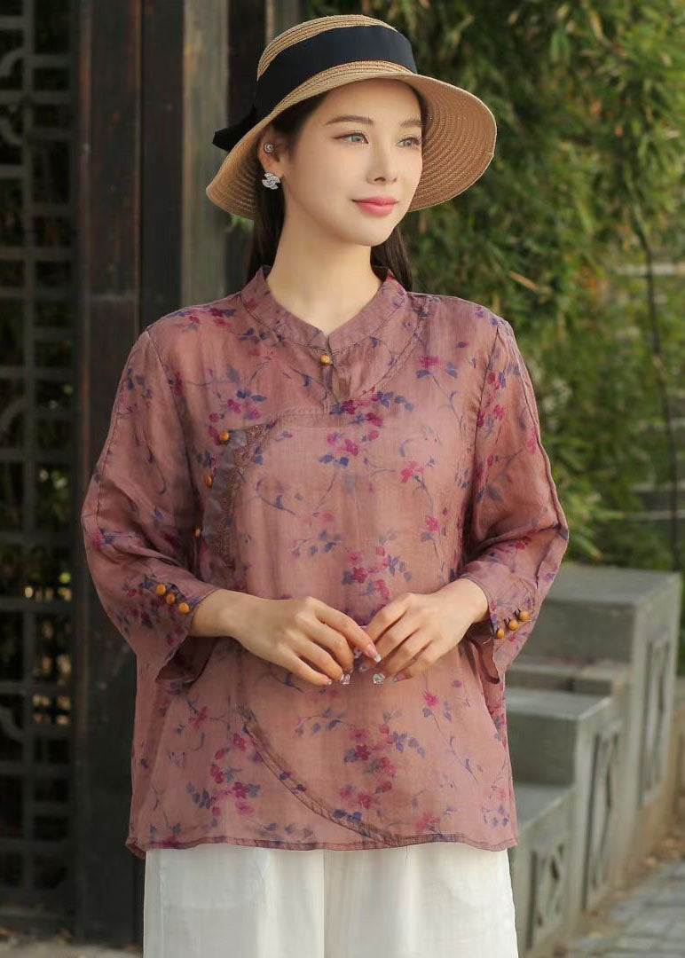 Beautiful Yellow Stand Collar Print Patchwork Linen Blouse Top Spring LY2498 - fabuloryshop