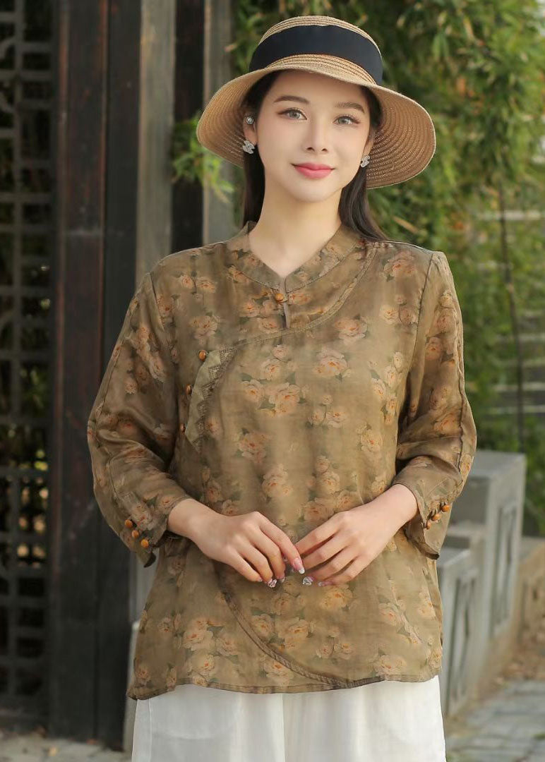 Beautiful Yellow Stand Collar Print Patchwork Linen Blouse Top Spring LY2498 - fabuloryshop