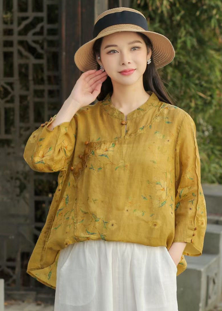 Beautiful Yellow Stand Collar Print Patchwork Linen Blouse Top Spring LY2498