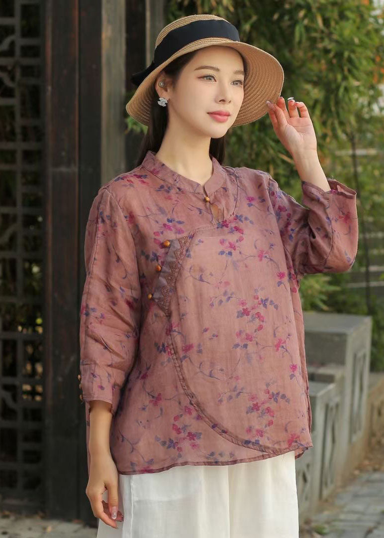 Beautiful Yellow Stand Collar Print Patchwork Linen Blouse Top Spring LY2498 - fabuloryshop