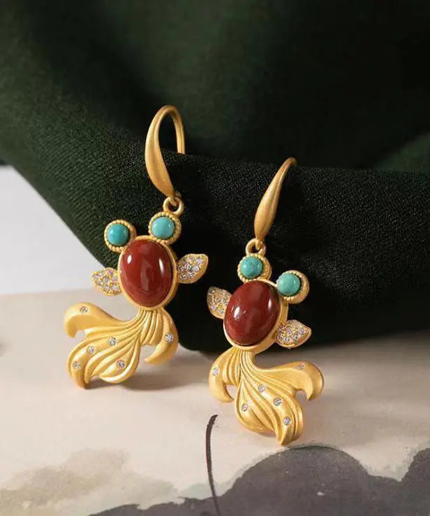 Beautiful Yellow Sterling Silver Overgild Agate Zircon Turquoise Goldfish Drop Earrings Ada Fashion