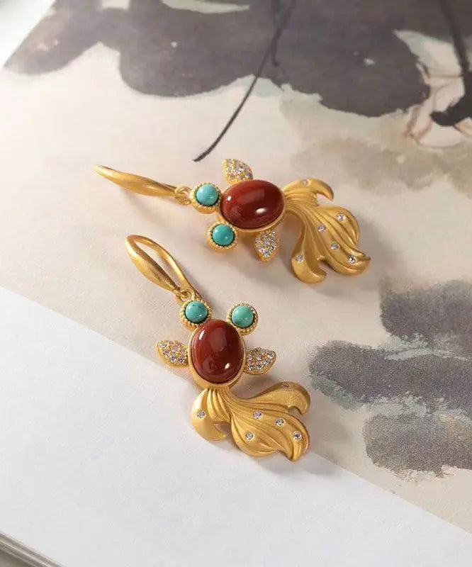 Beautiful Yellow Sterling Silver Overgild Agate Zircon Turquoise Goldfish Drop Earrings Ada Fashion